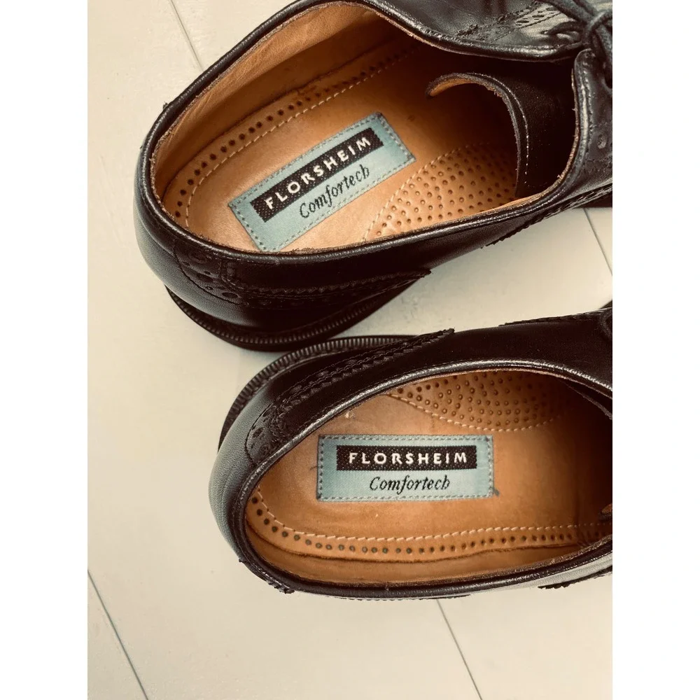 Florsheim Comfortech Wingtip Oxfords Shoes Mens 8 3E‎ Black Leather Vibram 20393